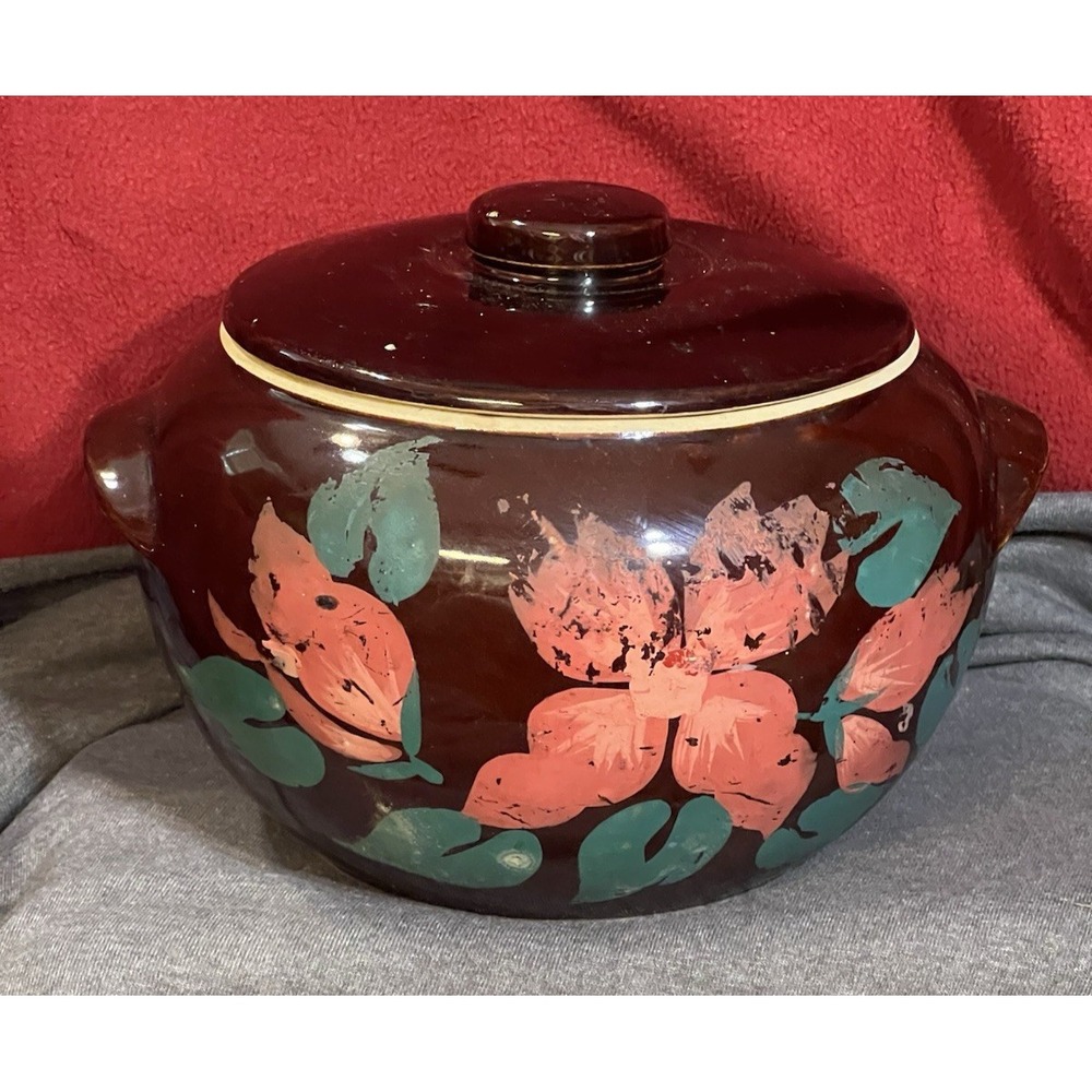 Vintage Ceramic Bean Pot With Lid & Handles Painted Floral Design‎ USA (2015)
